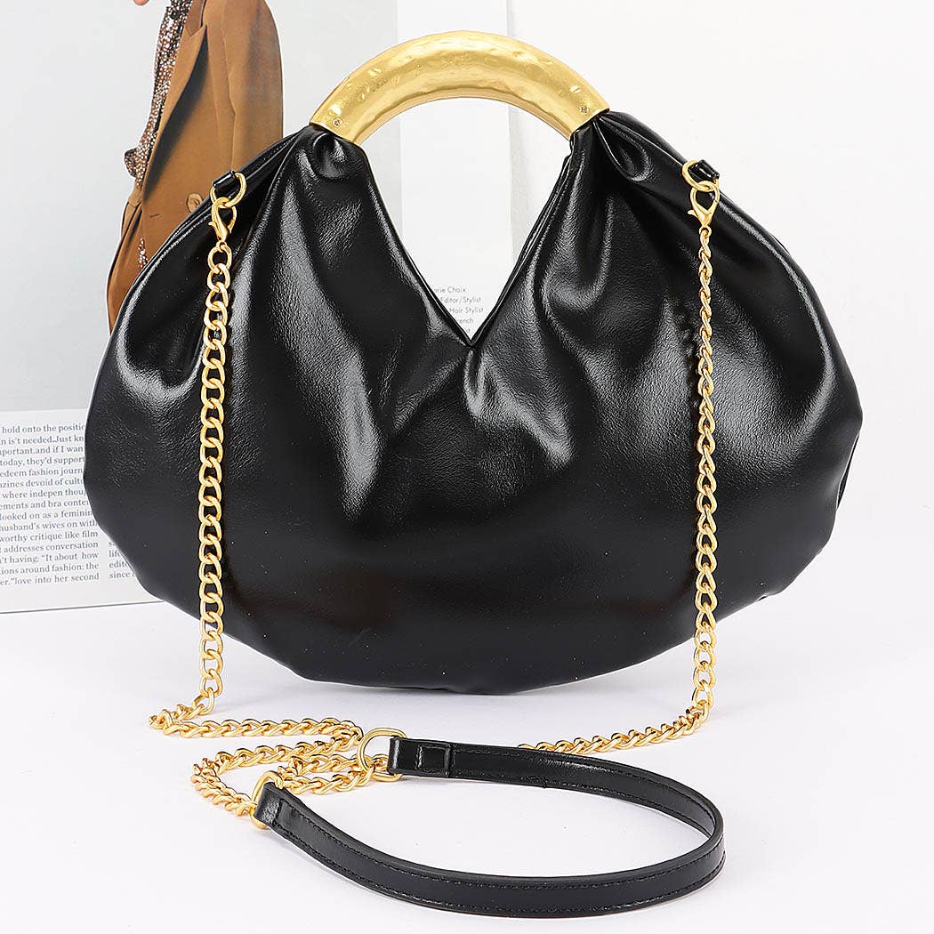 Vegan Leather Metal Handle Hobo Bag – Black
