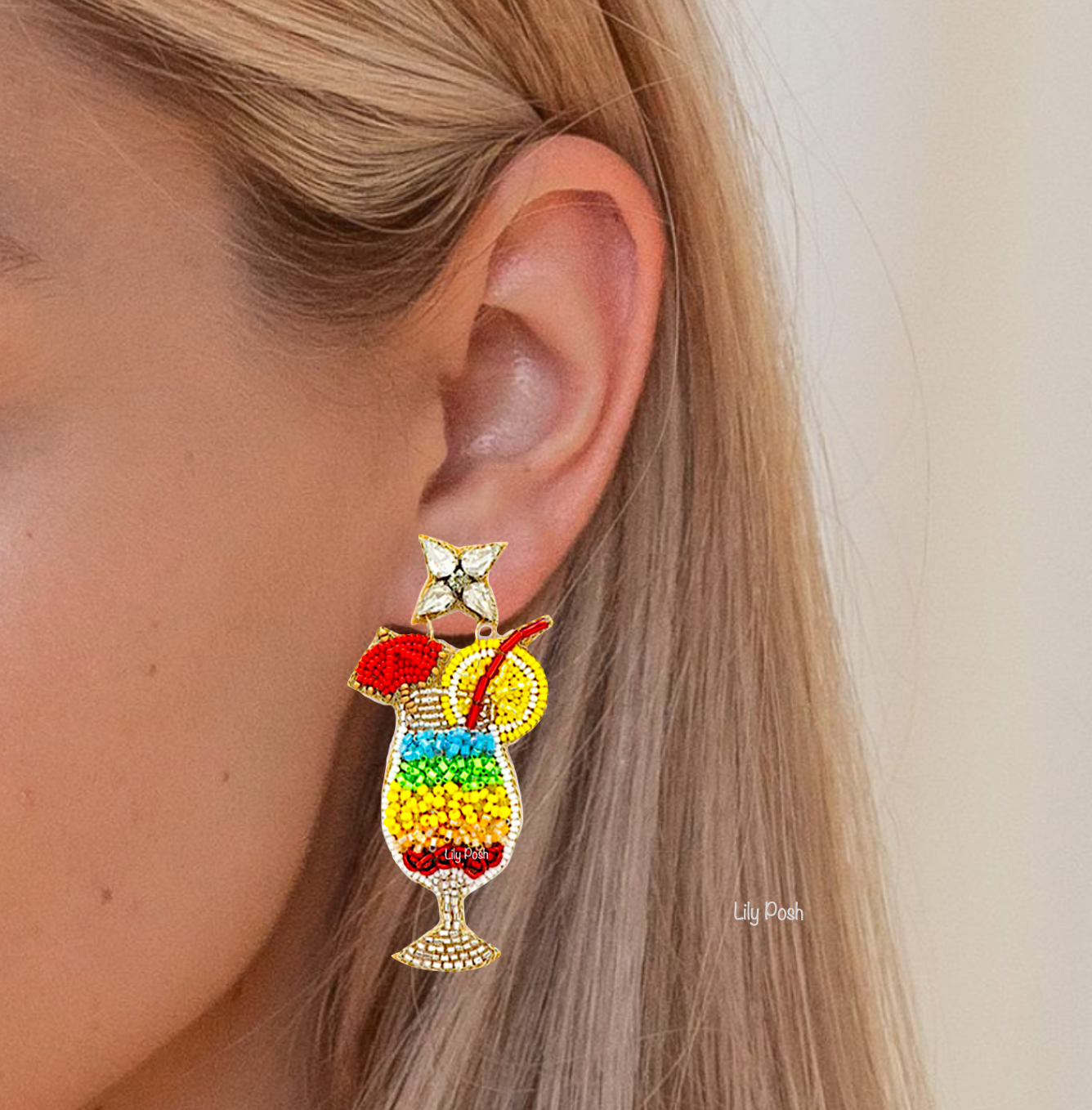 Lily Posh Beaded Tropical Cocktail Statement Earrings