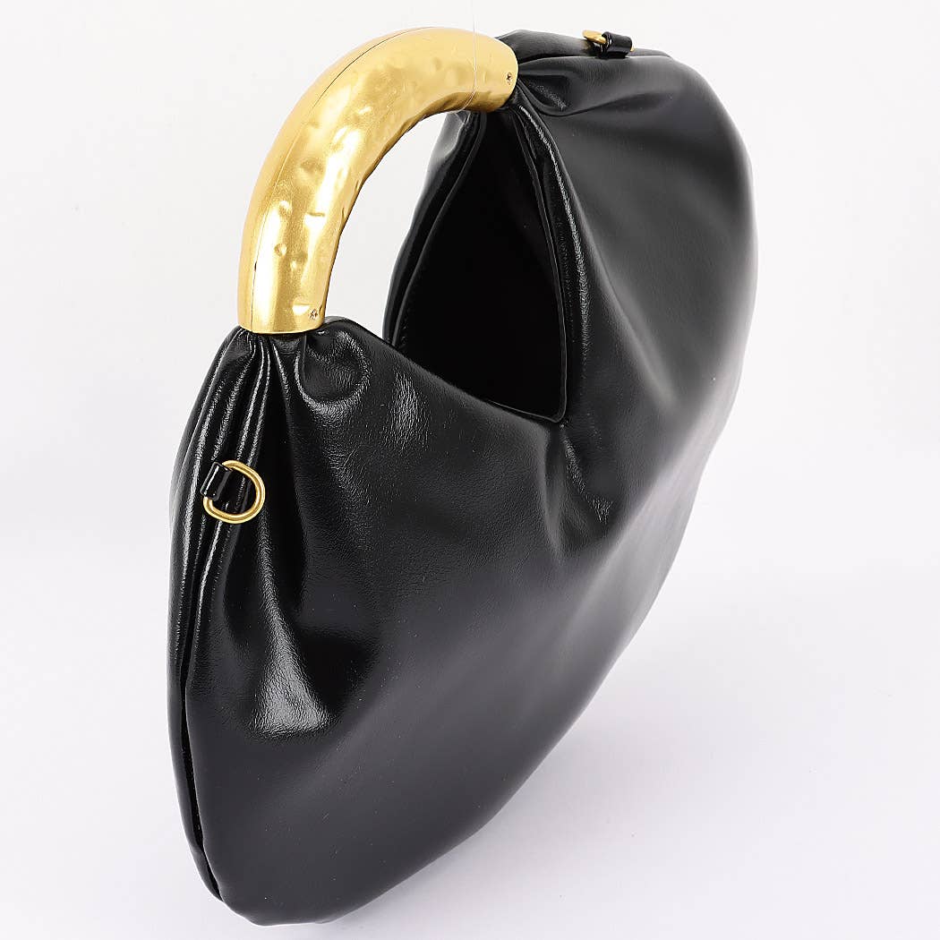 Vegan Leather Metal Handle Hobo Bag – Black