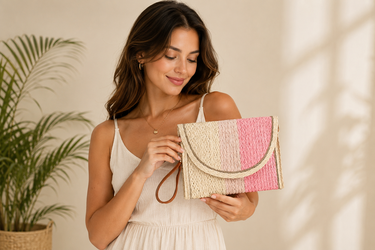 Natural Straw Clutch Zipper Hand Bag