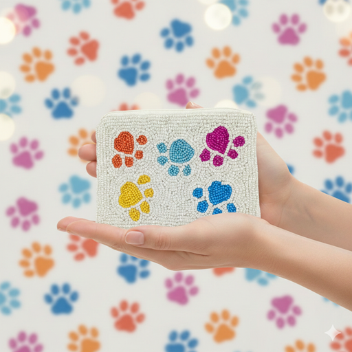 Colorful Paw Print Beaded Coin Purse