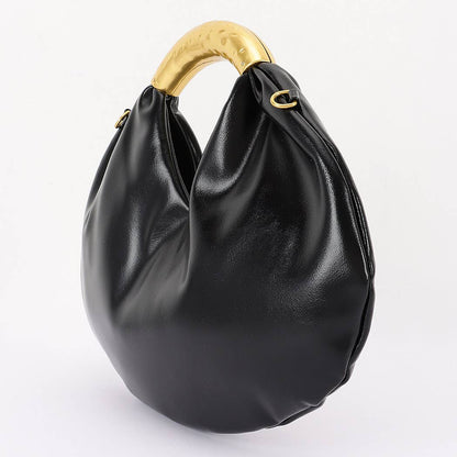 Vegan Leather Metal Handle Hobo Bag – Black