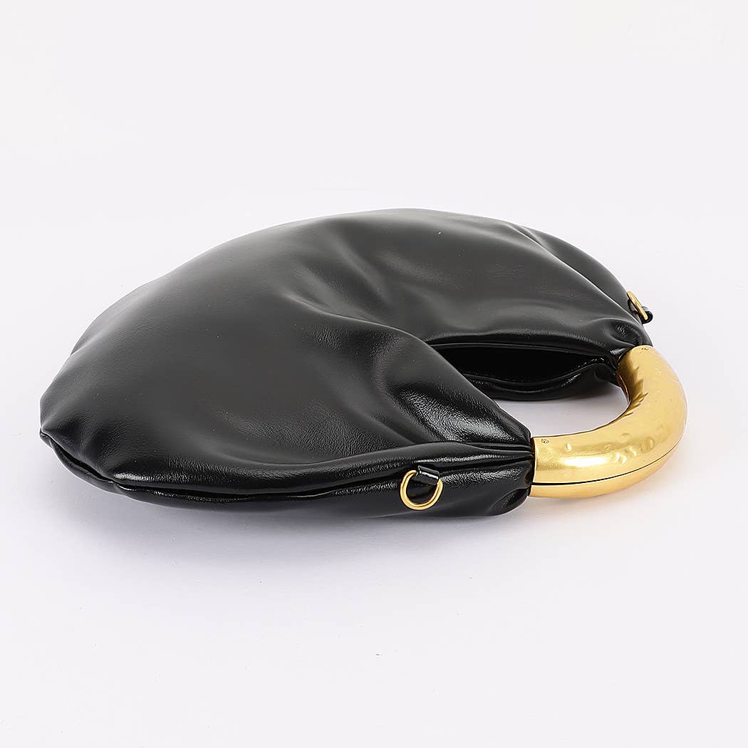 Vegan Leather Metal Handle Hobo Bag – Black