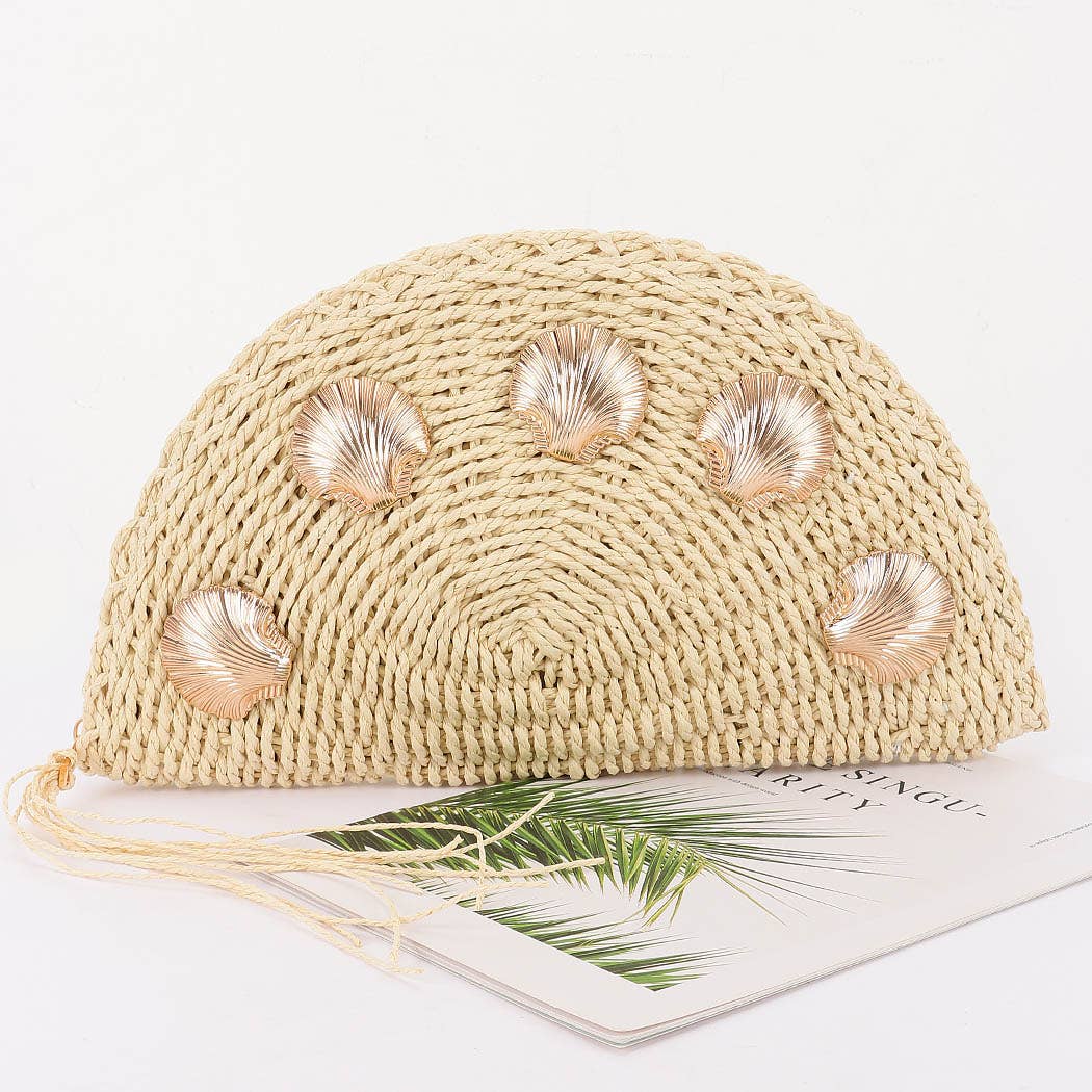Half-Moon Faux Straw Clutch with Gold Shell Embellishments