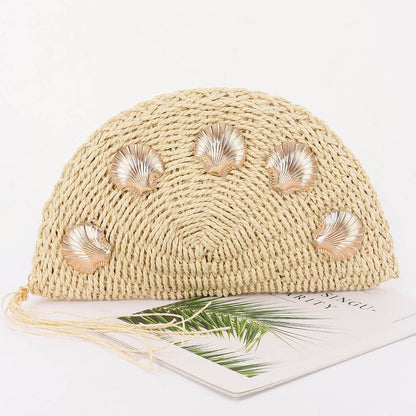Half-Moon Faux Straw Clutch with Gold Shell Embellishments