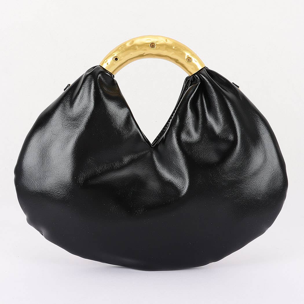 Vegan Leather Metal Handle Hobo Bag – Black