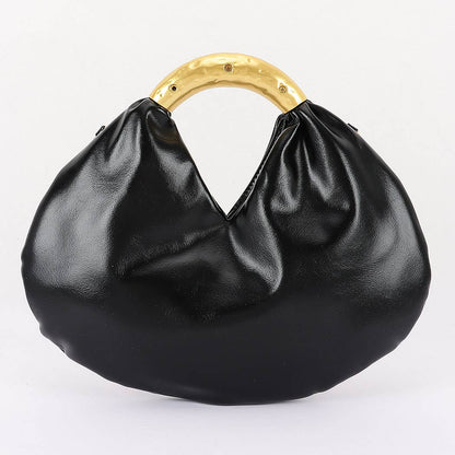 Vegan Leather Metal Handle Hobo Bag – Black