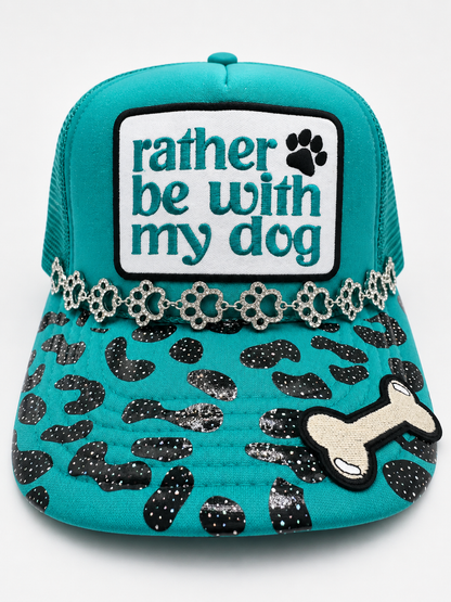 Rather Be With My Dog Teal Bling Trucker Hat