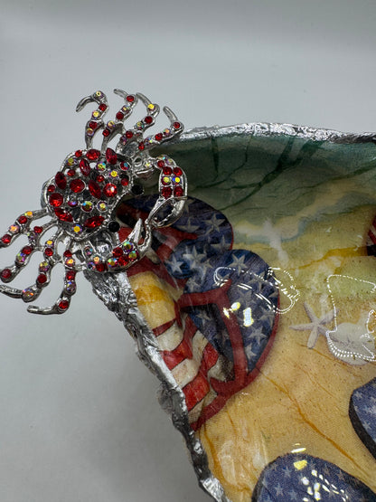 Patriotic Oyster Shell Trinket Dish with Bling Crab