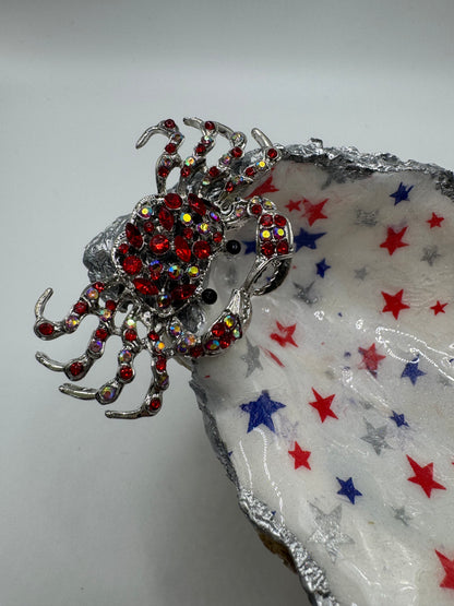 Patriotic Stars Oyster Shell Trinket Dish with Bling Crab