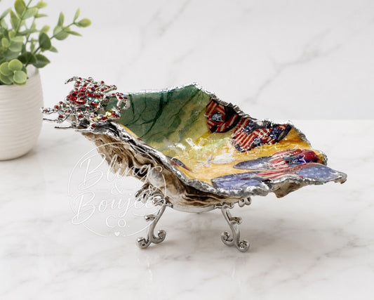 Patriotic Oyster Shell Trinket Dish with Bling Crab