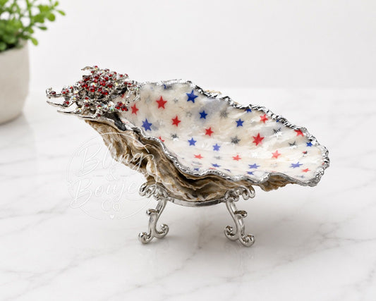 Patriotic Stars Oyster Shell Trinket Dish with Bling Crab