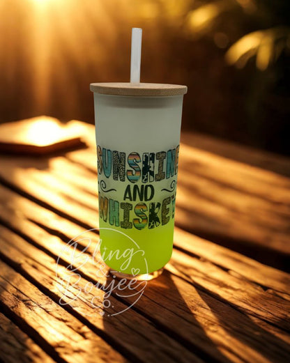 Sunshine & Whiskey 18 oz Frosted Glass Tumbler with Bamboo Lid ☀️🥃
