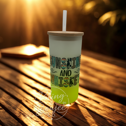 Sunshine & Whiskey 18 oz Frosted Glass Tumbler with Bamboo Lid ☀️🥃